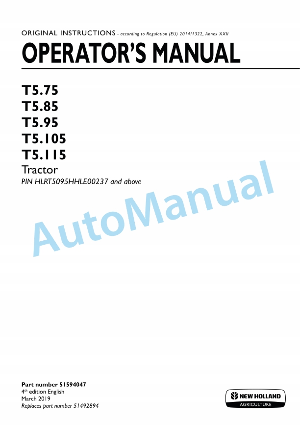 New Holland T5.75, T5.85, T5.95, T5.105, T5.115 Tractor Operation and Maintenance Manual 51594047