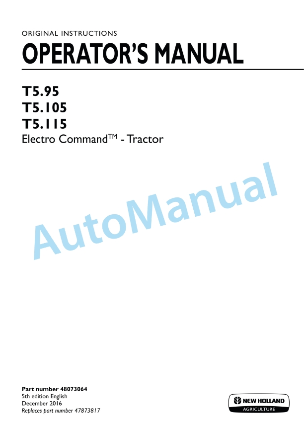 New Holland T5.95, T5.105, T5.115 Electro Command Tractor Operation and Maintenance Manual 48073064
