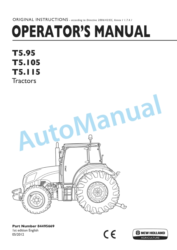 New Holland T5.95, T5.105, T5.115 Tractor Operation and Maintenance Manual 84495669