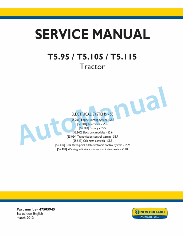 New Holland T5.95, T5.105, T5.115 Tractor Service Manual 47505945