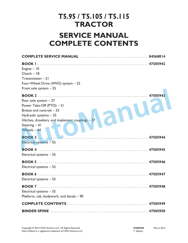 New Holland T5.95, T5.105, T5.115 Tractor Service Manual 47505949