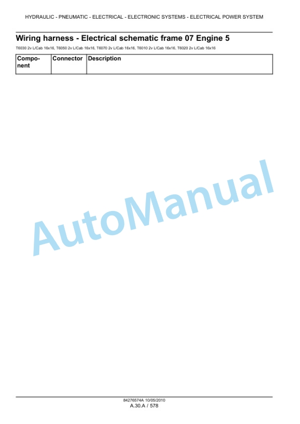 New Holland T6010, T6020, T6030, T6040, T6050, T6060, T6070 Tractor Service Manual 84410759-5