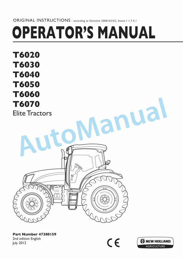 New Holland T6020, T6030, T6040, T6050, T6060, T6070 Elite Tractor Operation and Maintenance Manual 47380159