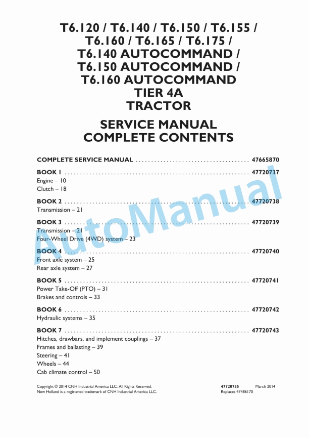 New Holland T6.120, T6.140, T6.150, T6.155, T6.160, T6.165, T6.175, T6.140 AutoCommand, T6.150 AutoCommand, T6.160 AutoCommand Tier 4A Tractor Service Manual 47720755