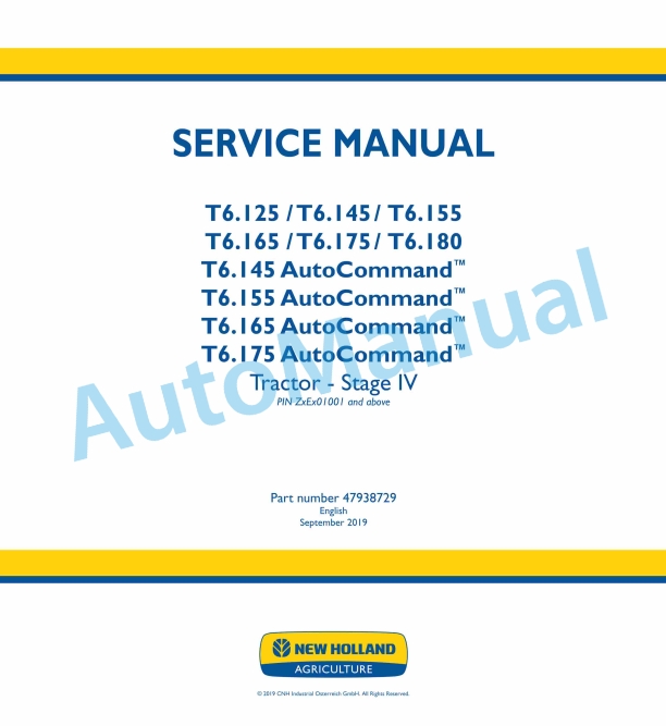New Holland T6.125, T6.145, T6.155, T6.165, T6.175, T6.180 Auto Command Stage IV Tractor Service Manual 47938729