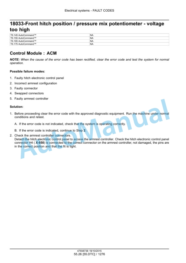 New Holland T6.125, T6.145, T6.155, T6.165, T6.175, T6.180 Auto Command Tier 4B Final Tractor Service Manual 47951304-5