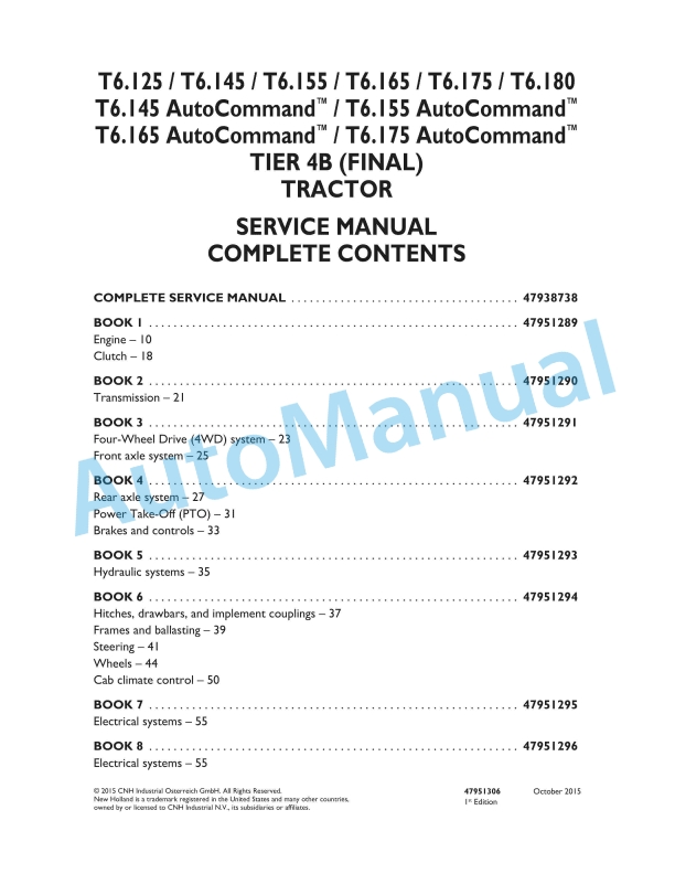 New Holland T6.125, T6.145, T6.155, T6.165, T6.175, T6.180 Auto Command Tier 4B Final Tractor Service Manual 47951306
