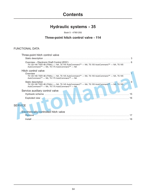 New Holland T6.125, T6.145, T6.155, T6.165, T6.175, T6.180 Auto Command Tier 4B Final Tractor Service Manual 47951306-3
