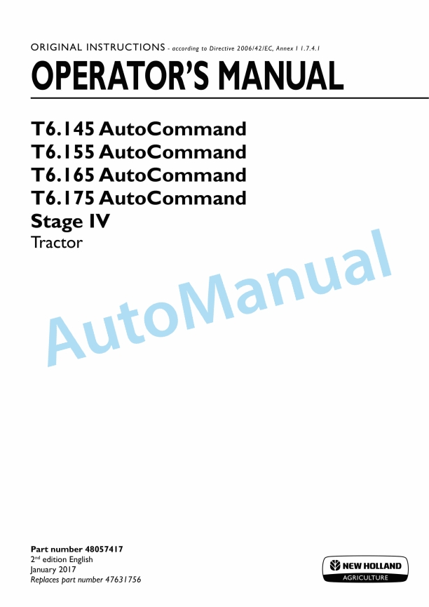 New Holland T6.145, T6.155, T6.165, T6.175 Auto Command Stage IV Tractor Operation and Maintenance Manual 48057417