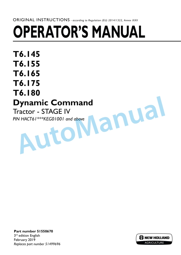 New Holland T6.145, T6.155, T6.165, T6.175, T6.180 Dynamic Command Stage IV Tractor Operation and Maintenance Manual 51550670