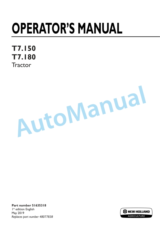 New Holland T7.150, T7.180 Tractor Operation and Maintenance Manual 51635318