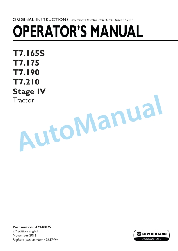 New Holland T7.165S, T7.175, T7.190, T7.210 Stage IV Tractor Operation and Maintenance Manual 47948875