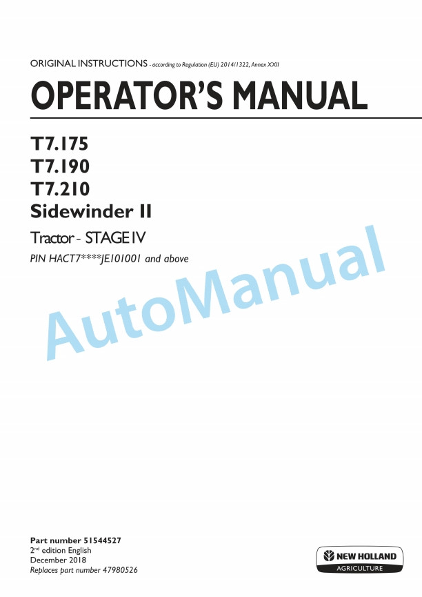 New Holland T7.175, T7.190, T7.210 Sidewinder II Stage IV Tractor Operation and Maintenance Manual 51544527