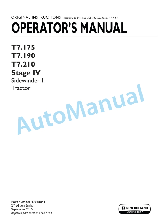 New Holland T7.175, T7.190, T7.210 Stage IV Sidewinder II Tractor Operation and Maintenance Manual 47948841