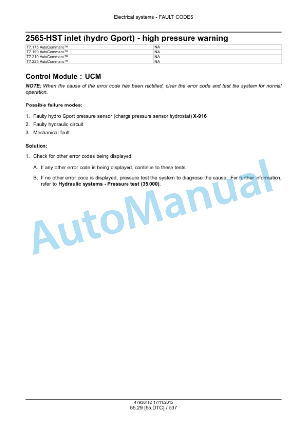 New Holland T7.175, T7.190, T7.210, T7.225 Auto Command Tier 4B Final Tractor Service Manual 47969487-3