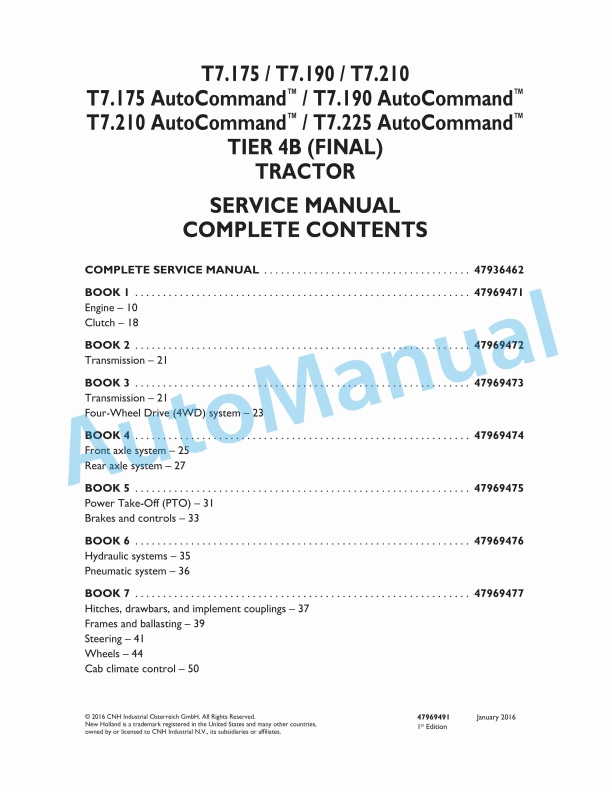 New Holland T7.175, T7.190, T7.210, T7.225 Auto Command Tier 4B Final Tractor Service Manual 47969491