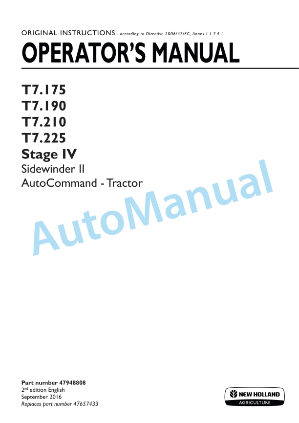 New Holland T7.175, T7.190, T7.210, T7.225 Stage IV Sidewinder II Auto Command Tractor Operation and Maintenance Manual 47948808