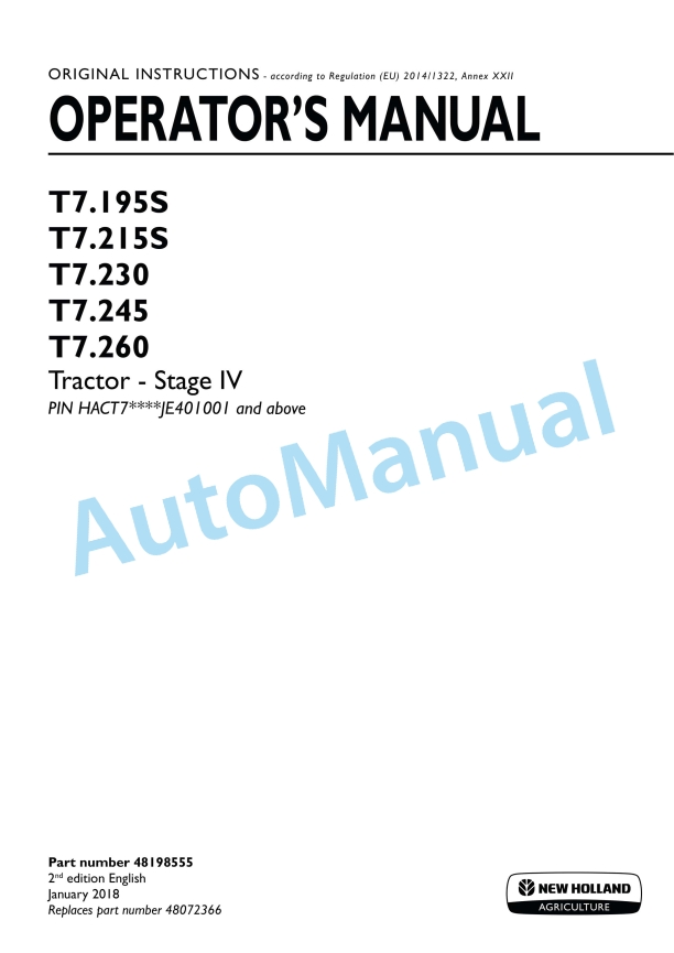 New Holland T7.195S, T7.215S, T7.230, T7.245, T7.260 Stage IV Tractor Operation and Maintenance Manual 48198555