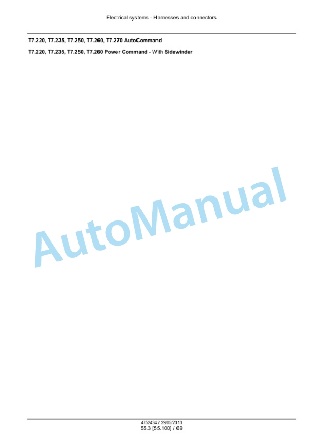 New Holland T7.220, T7.235, T7.250, T7.260, T7.270 Auto Command - Power Command Tractor Service Manual 47567521-3