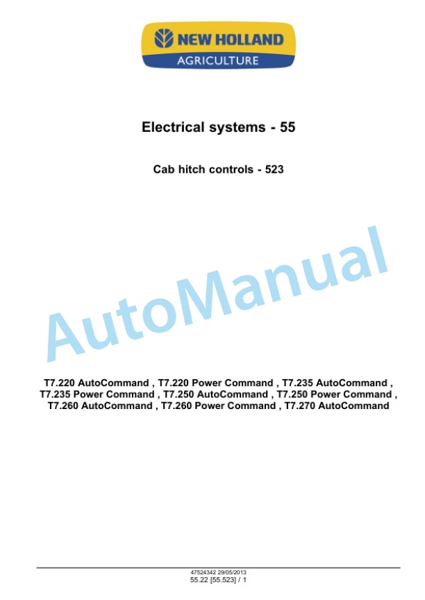 Alternative view of New Holland T7.220, T7.235, T7.250, T7.260, T7.270 Auto Command - Power Command Tractor Service Manual 47567527