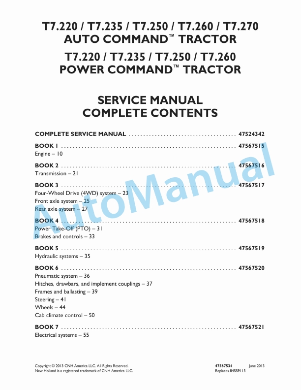 New Holland T7.220, T7.235, T7.250, T7.260, T7.270 Auto Command - Power Command Tractor Service Manual 47567534