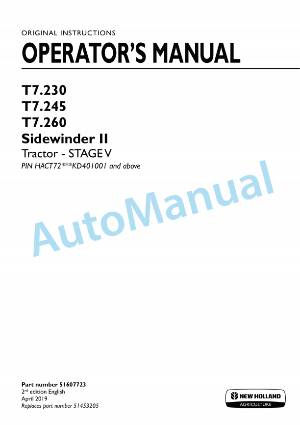 New Holland T7.230, T7.245, T7.260 Sidewinder II Stage V Tractor Operation and Maintenance Manual 51607723
