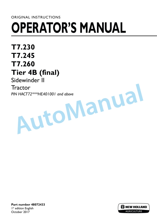 New Holland T7.230, T7.245, T7.260 Sidewinder II Tier 4B Final Tractor Operation and Maintenance Manual 48072433