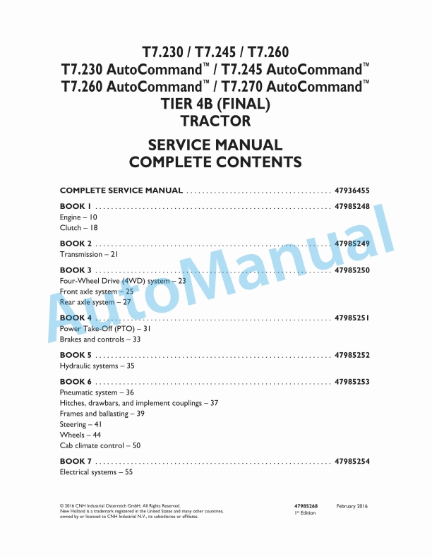 New Holland T7.230, T7.245, T7.260, T7.270 Auto Command Tier 4B Final Tractor Service Manual 47985268