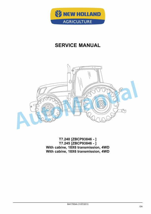 New Holland T7.240, T7.245 Tractor Service Manual 84417654A