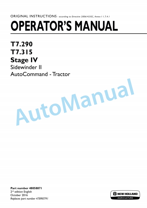 New Holland T7.290, T7.315 Stage IV Sidewinder II Auto Command Tractor Operation and Maintenance Manual 48058871