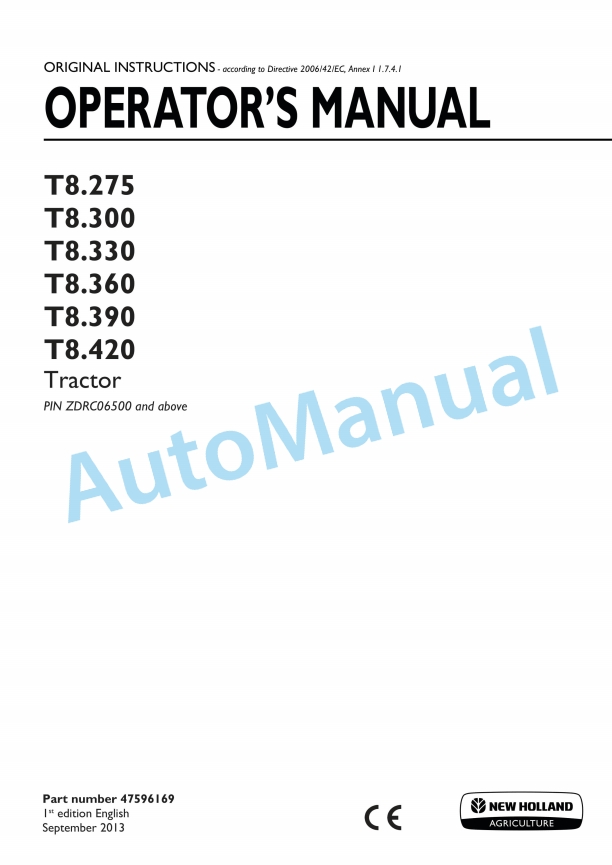 New Holland T8.275, T8.300, T8.330, T8.360, T8.390, T8.420 Tractor Operation and Maintenance Manual 47596169