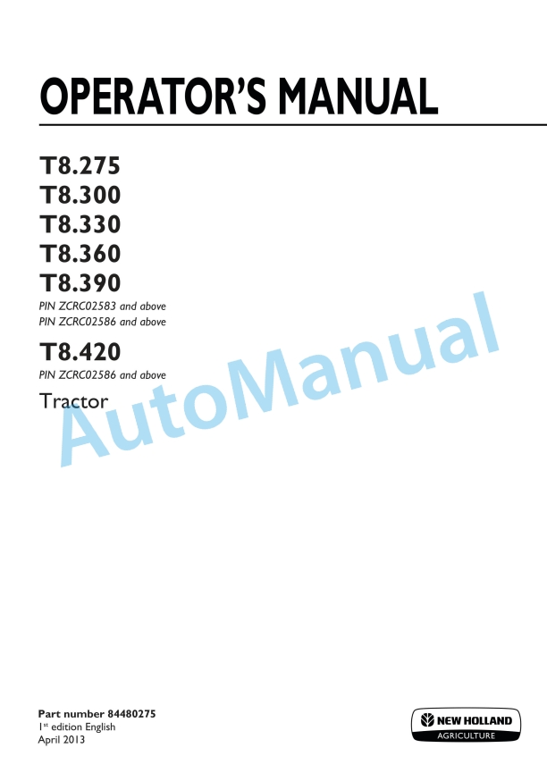 New Holland T8.275, T8.300, T8.330, T8.360, T8.390, T8.420 Tractor Operation and Maintenance Manual 84480275