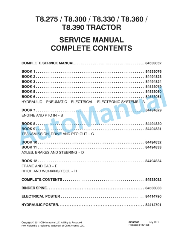 New Holland T8.275, T8.300, T8.330, T8.360, T8.390 Tractor Service Manual 84533082