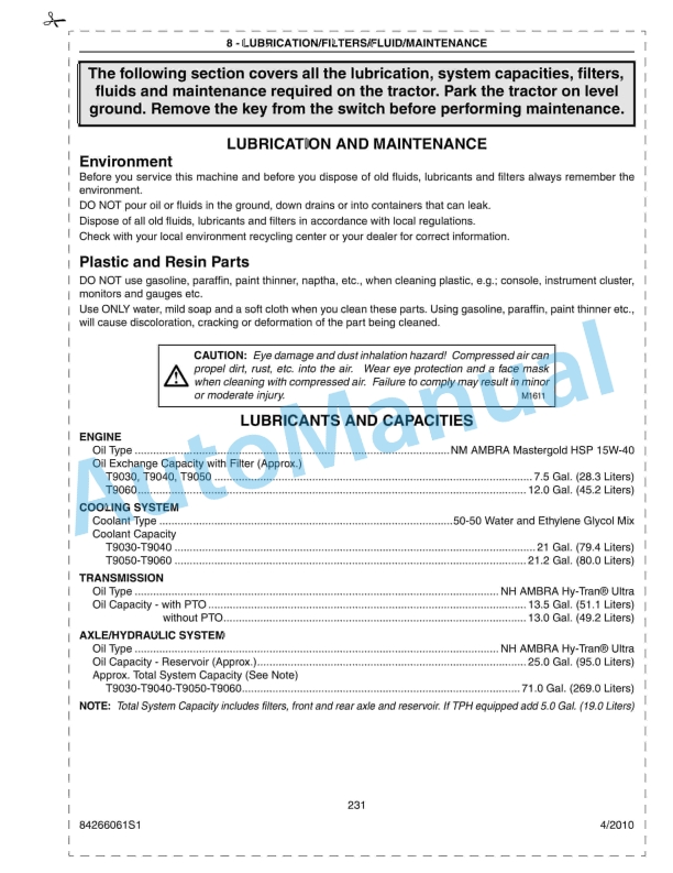 New Holland T9030, T9040, T9050, T9060 Tractor Operation and Maintenance Manual 84266061