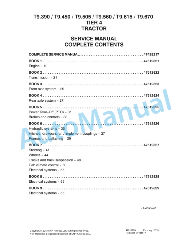New Holland T9.390, T9.450, T9.505, T9.560, T9.615, T9.670 Tier 4 Tractor Service Manual 47512833