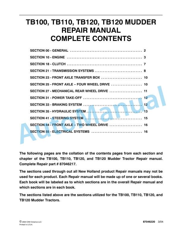 New Holland TB100, TB110, TB120, TB120, TB120 Mudder Tractor Repair Manual 87046220