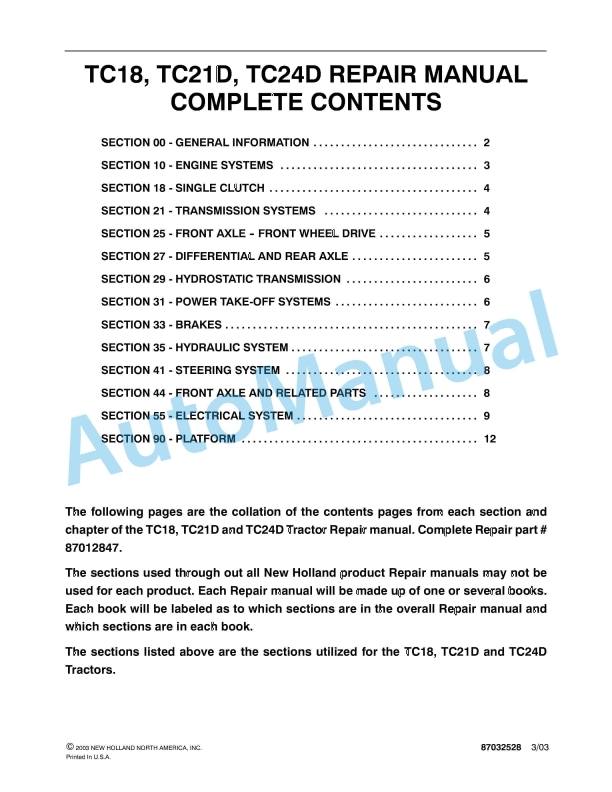 New Holland TC18, TC21D, TC24D Tractor Repair Manual 87032528