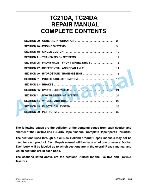 New Holland TC21DA, TC24DA Tractor Repair Manual 87053140