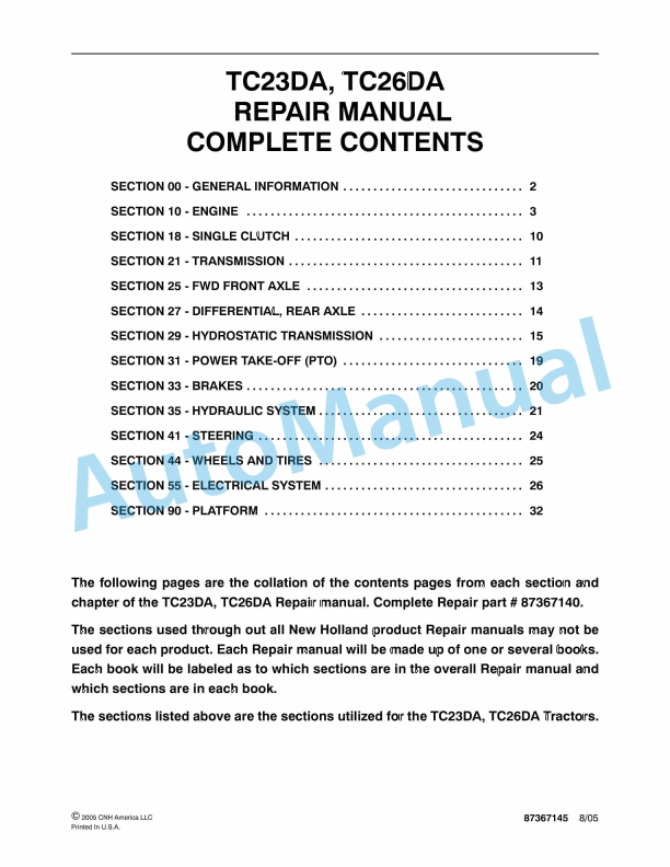 New Holland TC23DA, TC26DA Tractor Repair Manual 87367145