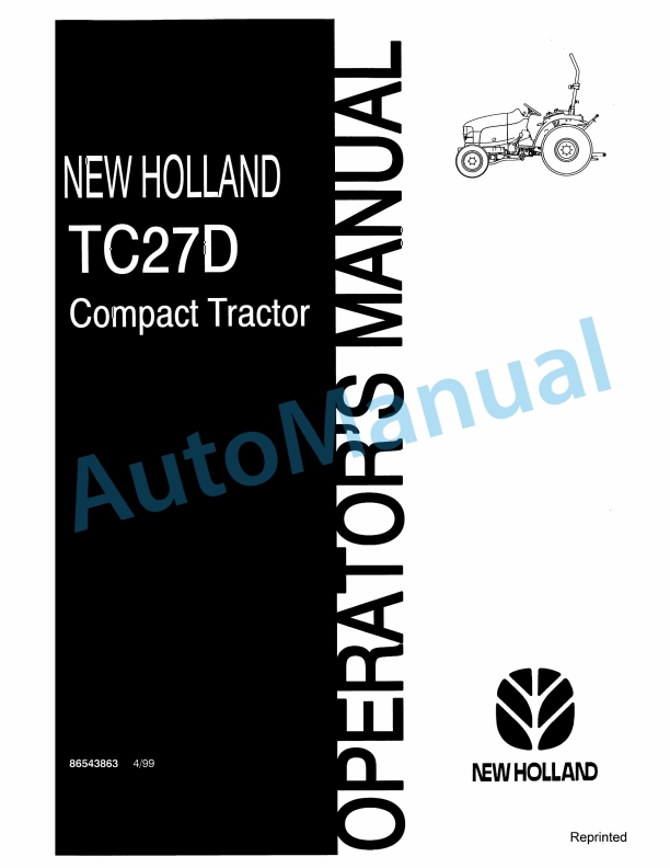 New Holland TC27D Compact Tractor Operation and Maintenance Manual 86543863