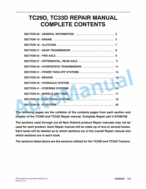 New Holland TC29D, TC33D Tractor Repair Manual 87036760