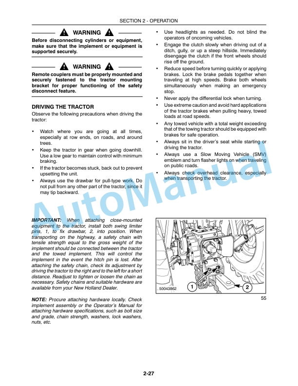 New Holland TC29DA, TC33DA Tractor Operation and Maintenance Manual 87308863-3