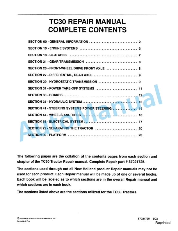 New Holland TC30 Tractor Repair Manual 87021728