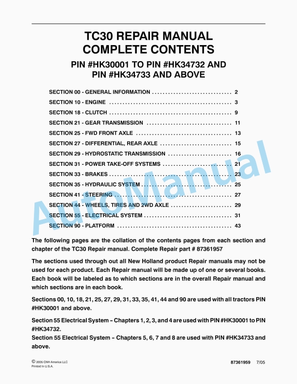 New Holland TC30 Tractor Repair Manual 87361959
