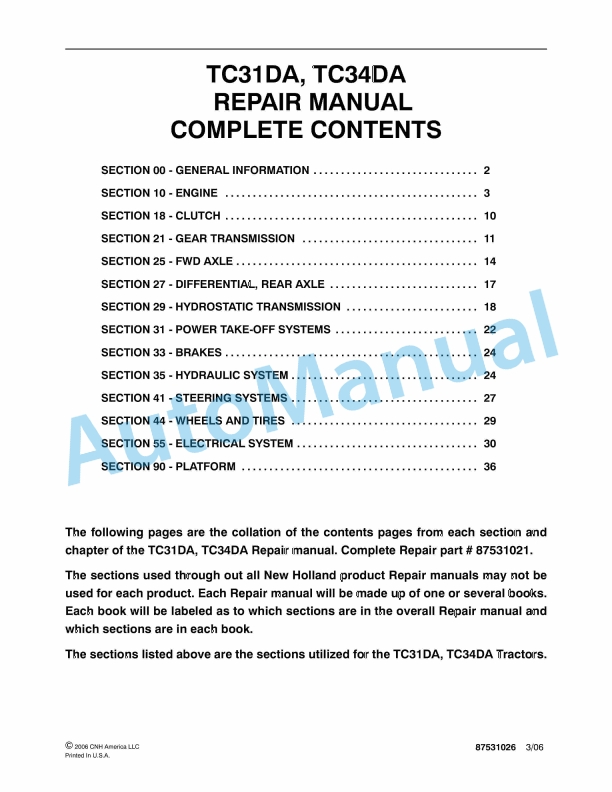 New Holland TC31DA, TC34DA Tractor Repair Manual 87531026
