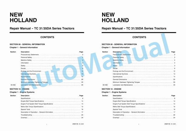 New Holland TC31DA, TC35DA Tractor Repair Manual 87537118