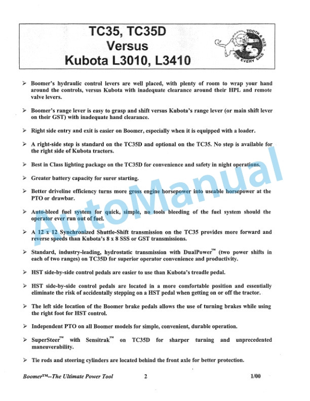 New Holland TC35, TC35D, TC40, TC40D, TC45, TC45D Competitive Comparison Product Manual 86613659-2