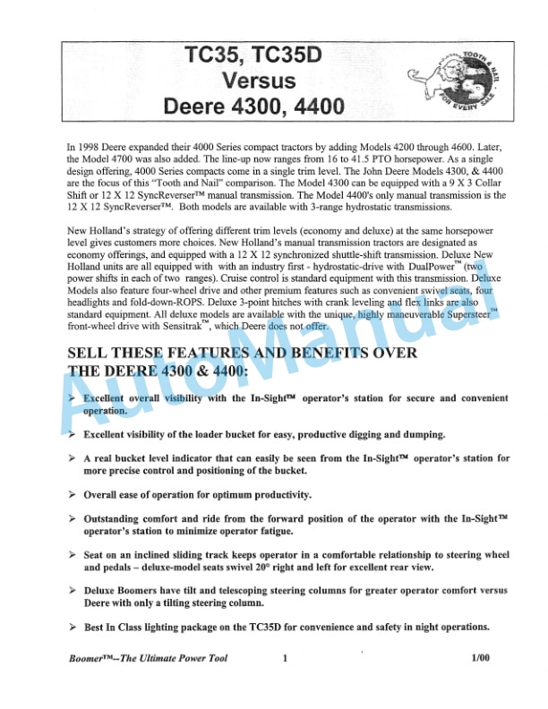 New Holland TC35, TC35D, TC40, TC40D, TC45, TC45D Competitive Comparison Product Manual 86613659-3