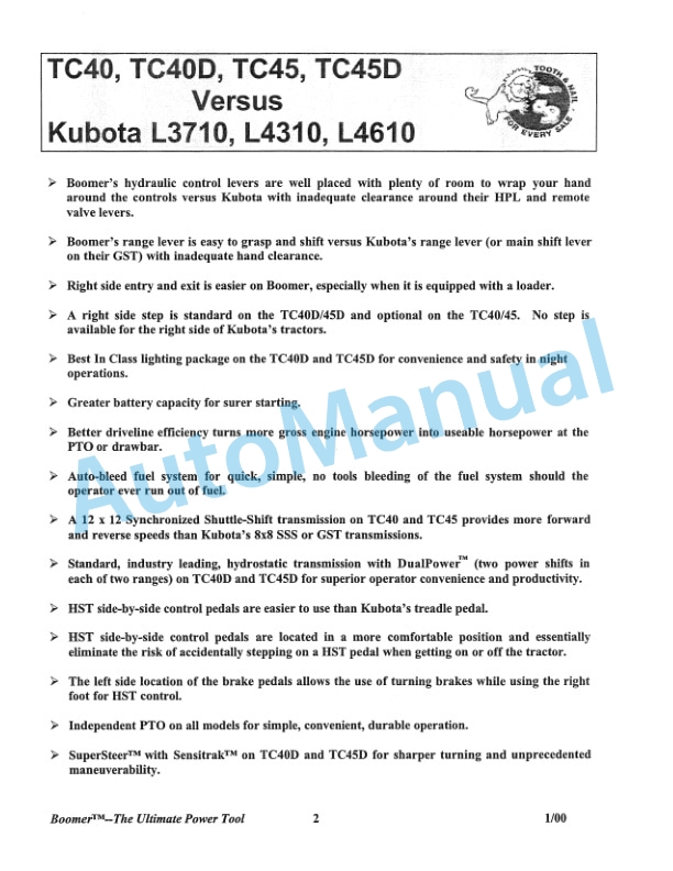 New Holland TC35, TC35D, TC40, TC40D, TC45, TC45D Competitive Comparison Product Manual 86613659-4