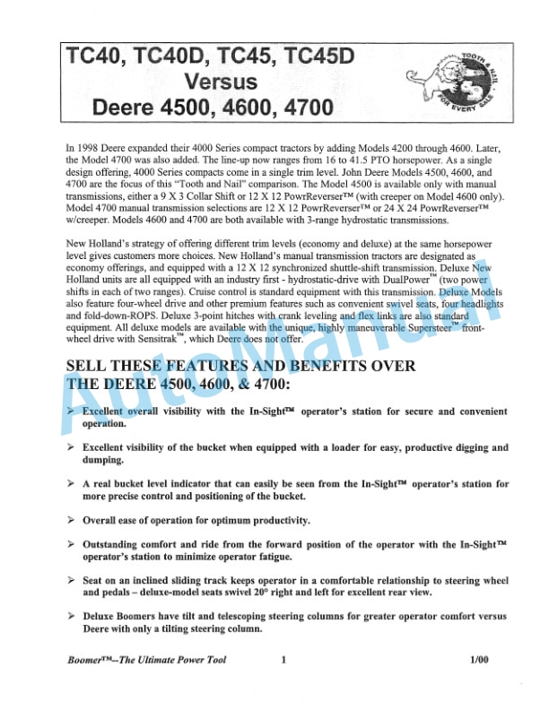 New Holland TC35, TC35D, TC40, TC40D, TC45, TC45D Competitive Comparison Product Manual 86613659-5